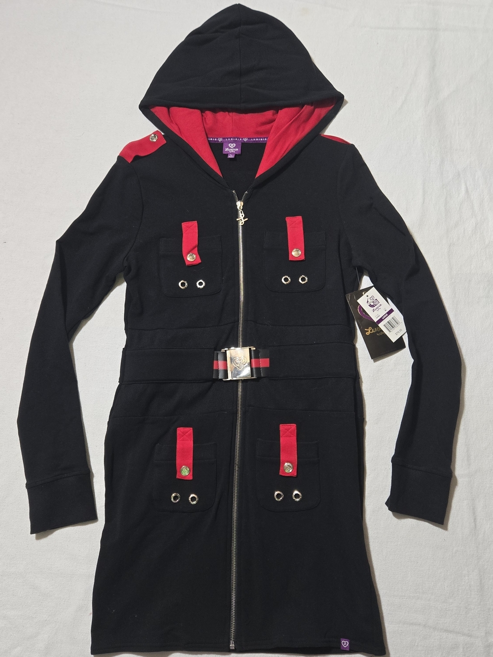 Luxurie By Lrg Vintage Black & Red Hooded Zip Jacket Dress with Belt